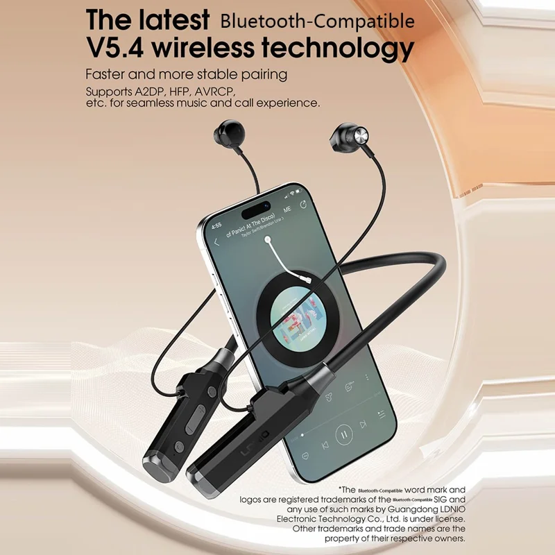 LDNIO N05 Neckband Bluetooth-compatible Semi-In-Ear Earphones 1000mAh Battery LED Display Type-C Fast Charging Wireless Headset - Black