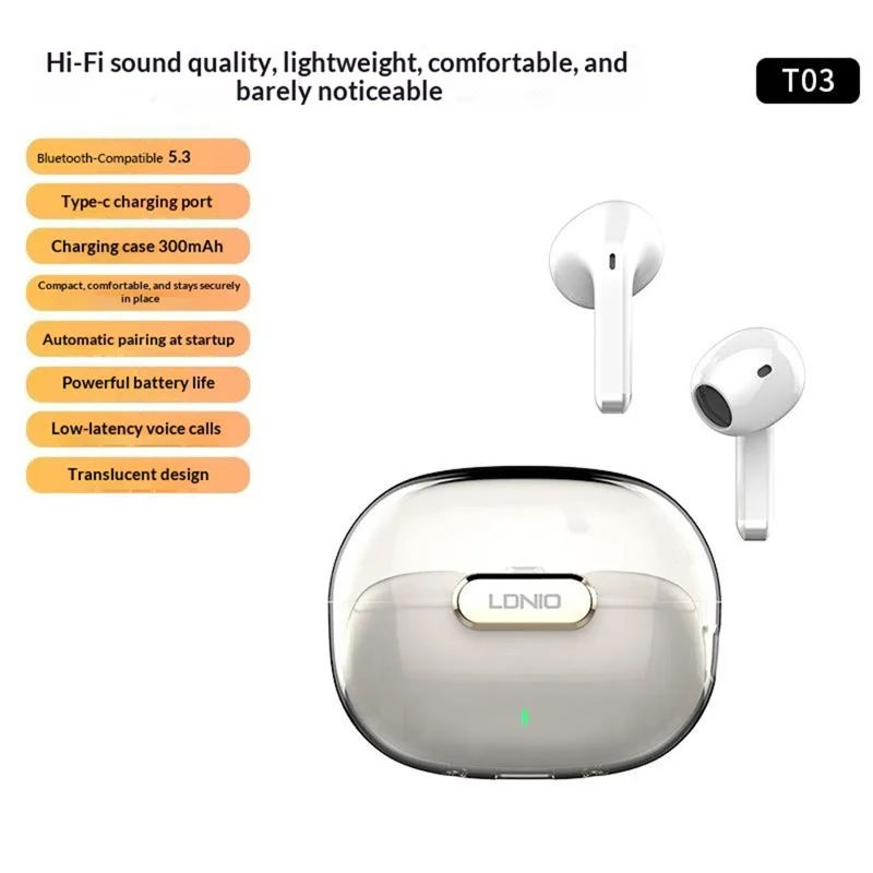 LDNIO T03 TWS Bluetooth 5.3 Hörlurar Halv-i-örat Hi-Fi 13 mm Driver 20-timmars Batteri Transparent Design Huvudtelefon – Vit