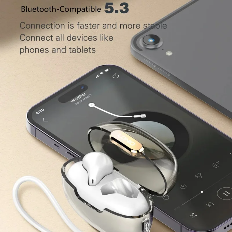 LDNIO T03 TWS Bluetooth 5.3 Hörlurar Halv-i-örat Hi-Fi 13 mm Driver 20-timmars Batteri Transparent Design Huvudtelefon – Vit