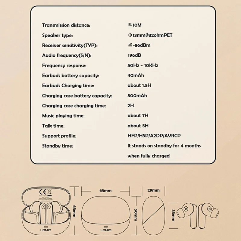 LDNIO T06 TWS Bluetooth-kompatibel 5.3-Kopfhörer Noise-Cancelling Wireless In-Ear-Musik-Kopfhörer - Beige