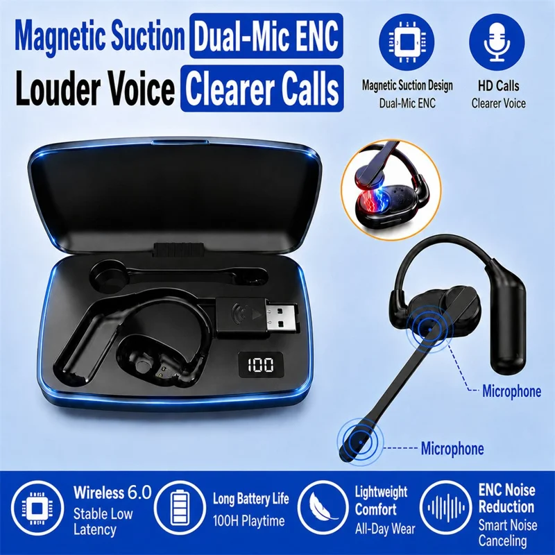 Noise Cancelling Mono Bluetooth-compatible 6.0 Earphones with Rotating Microphone Business Earphones with Wireless Adapter - Black