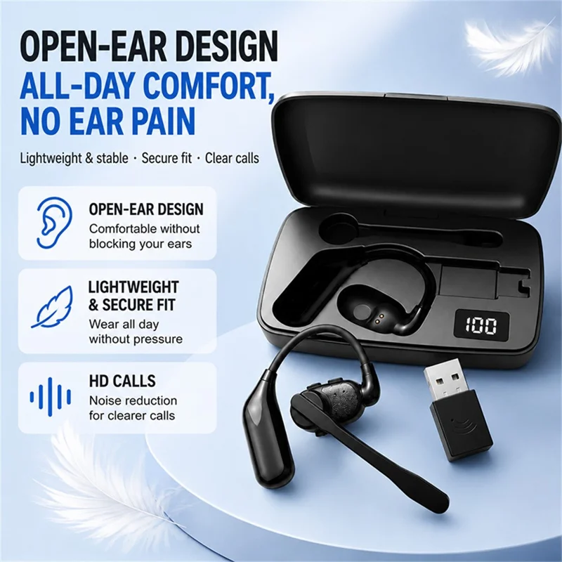 Noise Cancelling Mono Bluetooth-compatible 6.0 Earphones with Rotating Microphone Business Earphones with Wireless Adapter - Black