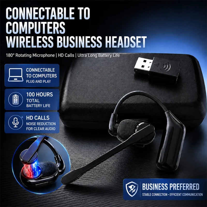 Noise Cancelling Mono Bluetooth-compatible 6.0 Earphones with Rotating Microphone Business Earphones with Wireless Adapter - Black