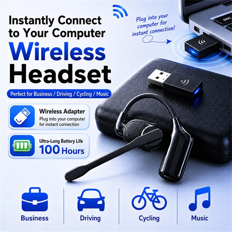Noise Cancelling Mono Bluetooth-compatible 6.0 Earphones with Rotating Microphone Business Earphones with Wireless Adapter - Black
