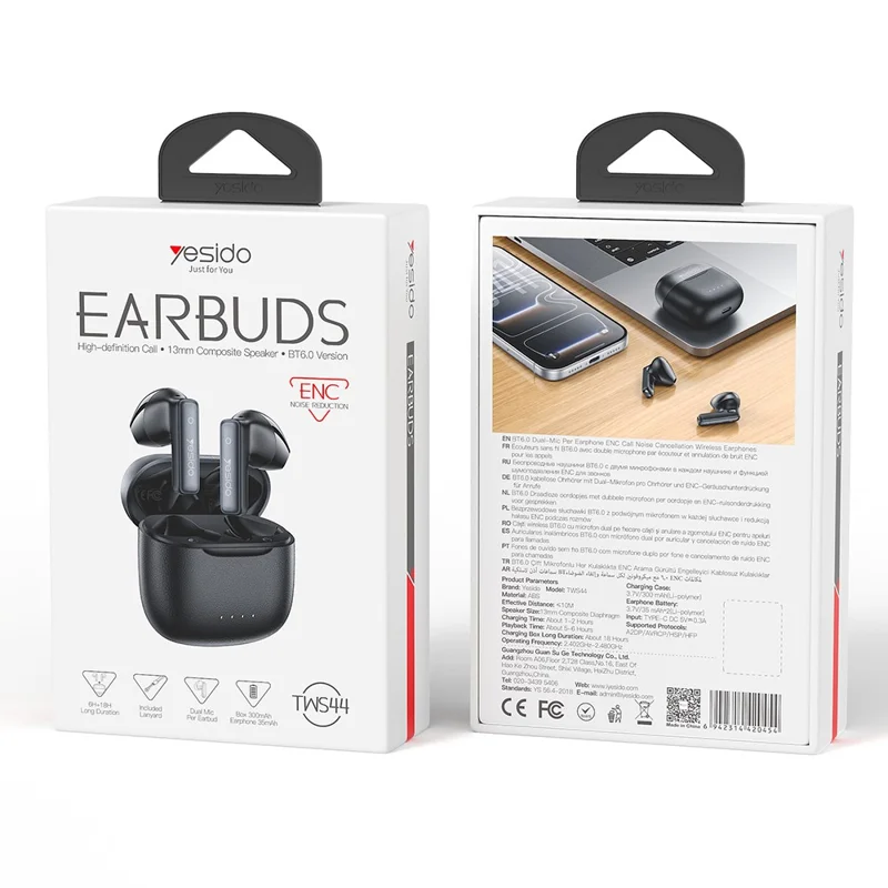 YESIDO TWS44 Bluetooth-compatible Earbuds Semi-in-ear Dual Mic ENC Noise Cancelling Earphones - Black
