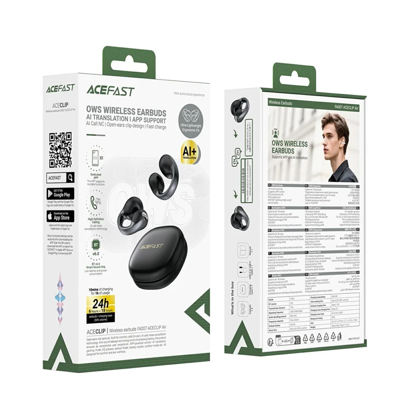 ACEFAST FA007 ACECLIP Air Wireless Earbuds Open-Ear Clip Bluetooth-compatible 6.0 AI Call Earphones - Black