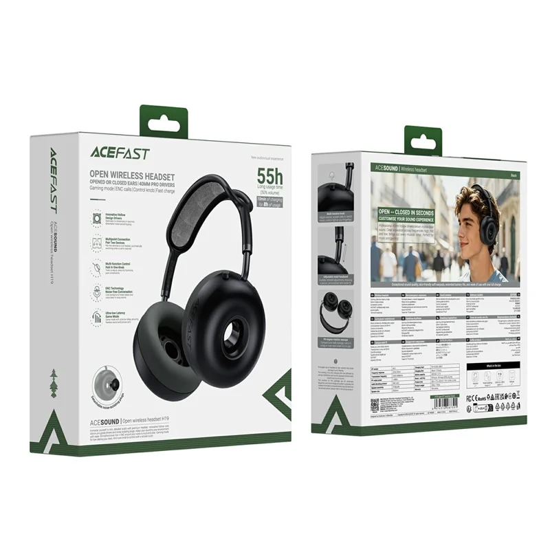 ACEFAST H19 Open Wireless Headset Bluetooth-compatible 6.0 Headphones 40mm Drivers 55h Battery ENC - Black