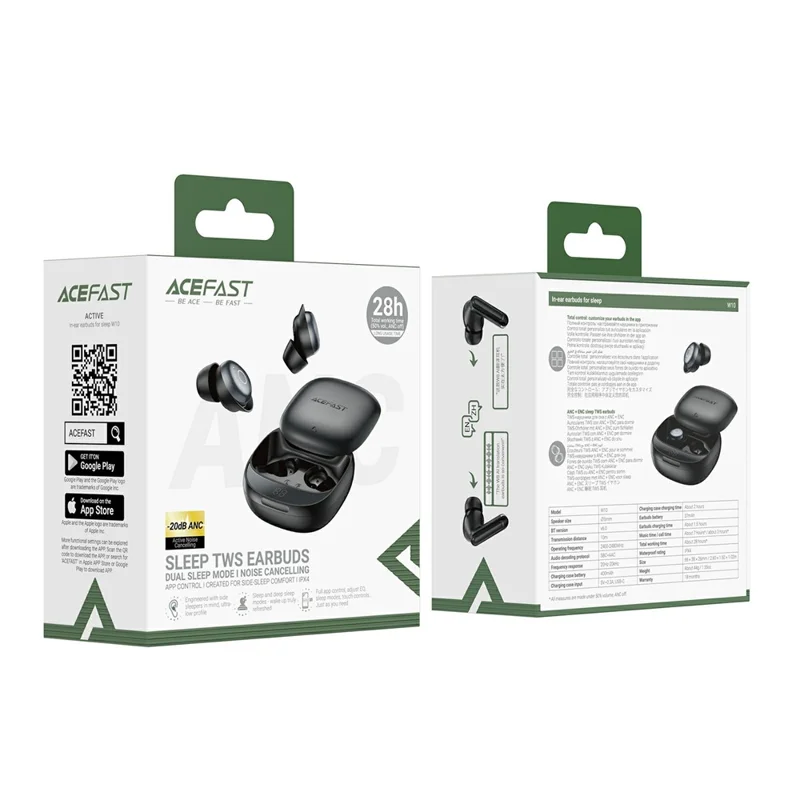 ACEFAST W10 In-Ear Wireless Earbuds Bluetooth-compatible 6.0 TWS Earphones ANC IPX4 for Sleep - Black