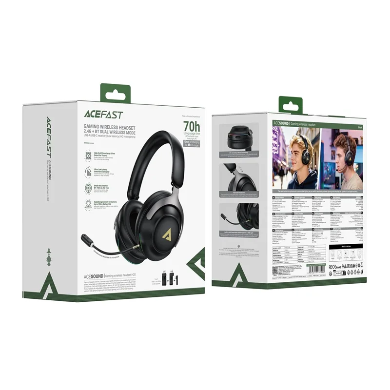 ACEFAST H20 Gaming Wireless Headset 2.4G Bluetooth-compatible Low Latency Headphone - Black