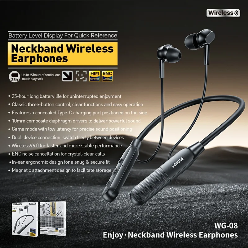WEKOME WG-08 Neckband Wireless Earphones Bluetooth-compatible 6.0 ENC Noise Cancellation Earbuds - Black