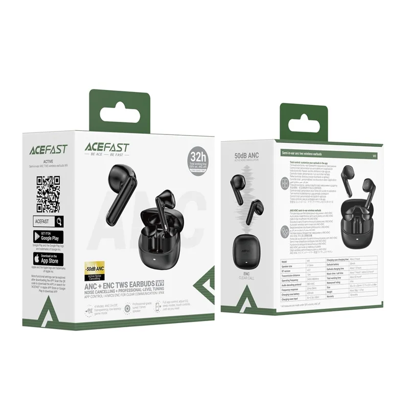 ACEFAST W9 Semi-in-Ear ANC Earbuds TWS Bluetooth-compatible Earphones 50dB IPX4 - Black