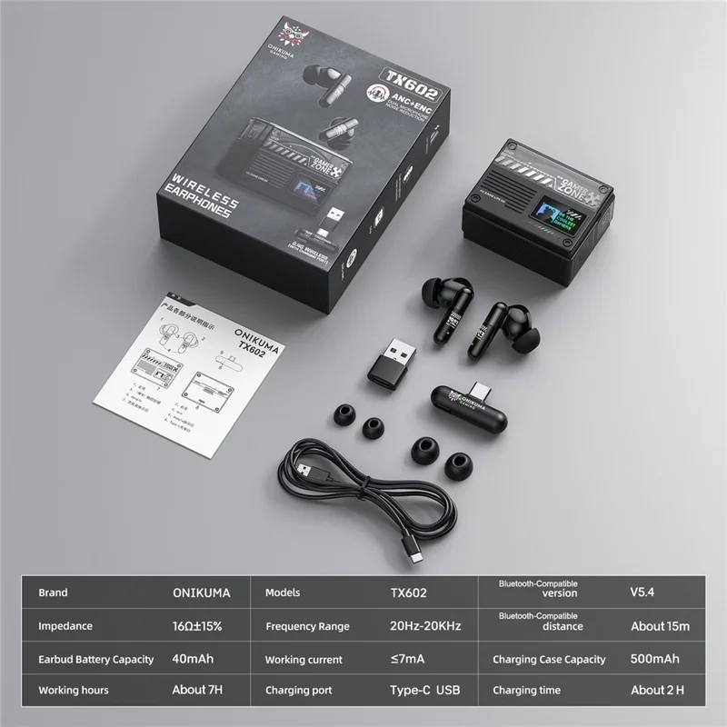 ONIKUMA TX602 Tri-Mode Bluetooth-compatible Gaming Earbuds ANC+ENC Noise Reduction with OLED Display Charging Case - Black