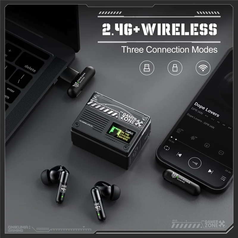 ONIKUMA TX602 Tri-Mode Bluetooth-compatible Gaming Earbuds ANC+ENC Noise Reduction with OLED Display Charging Case - Black
