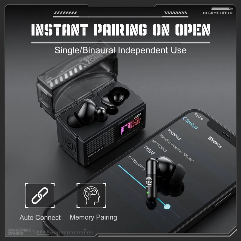 ONIKUMA TX602 Tri-Mode Bluetooth-compatible Gaming Earbuds ANC+ENC Noise Reduction with OLED Display Charging Case - Black