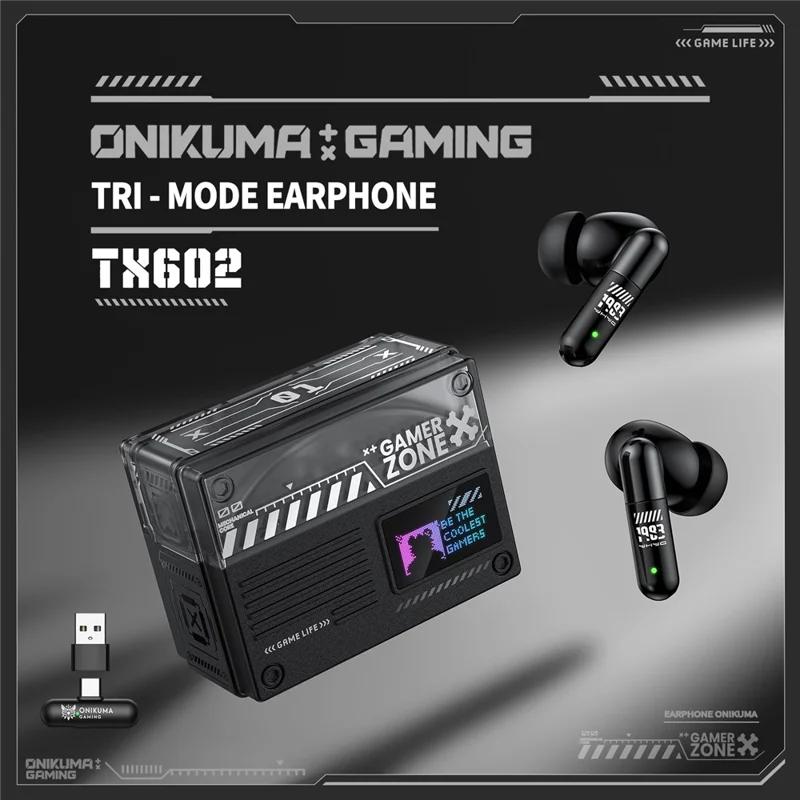 ONIKUMA TX602 Tri-Mode Bluetooth-compatible Gaming Earbuds ANC+ENC Noise Reduction with OLED Display Charging Case - Black