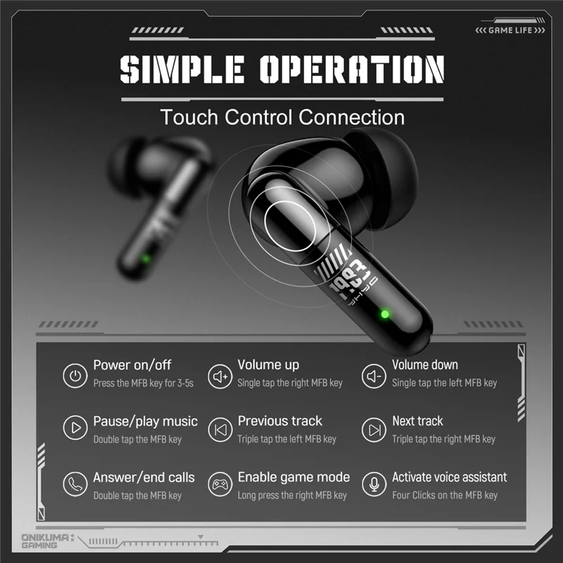 ONIKUMA TX602 Tri-Mode Bluetooth-compatible Gaming Earbuds ANC+ENC Noise Reduction with OLED Display Charging Case - Black