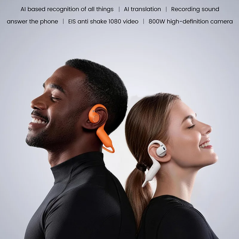 E12 AI Translation Smart Camera Bone Conduction Bluetooth-compatible Earphones 8MP 1080P EIS Video - Black