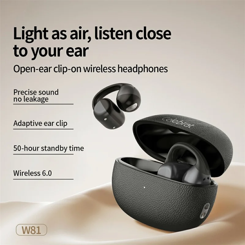 CELEBRAT W81 Bluetooth-compatible 6.0 Earbuds Open Ear Clip-On Wireless Earbuds 11mm Driver - Black