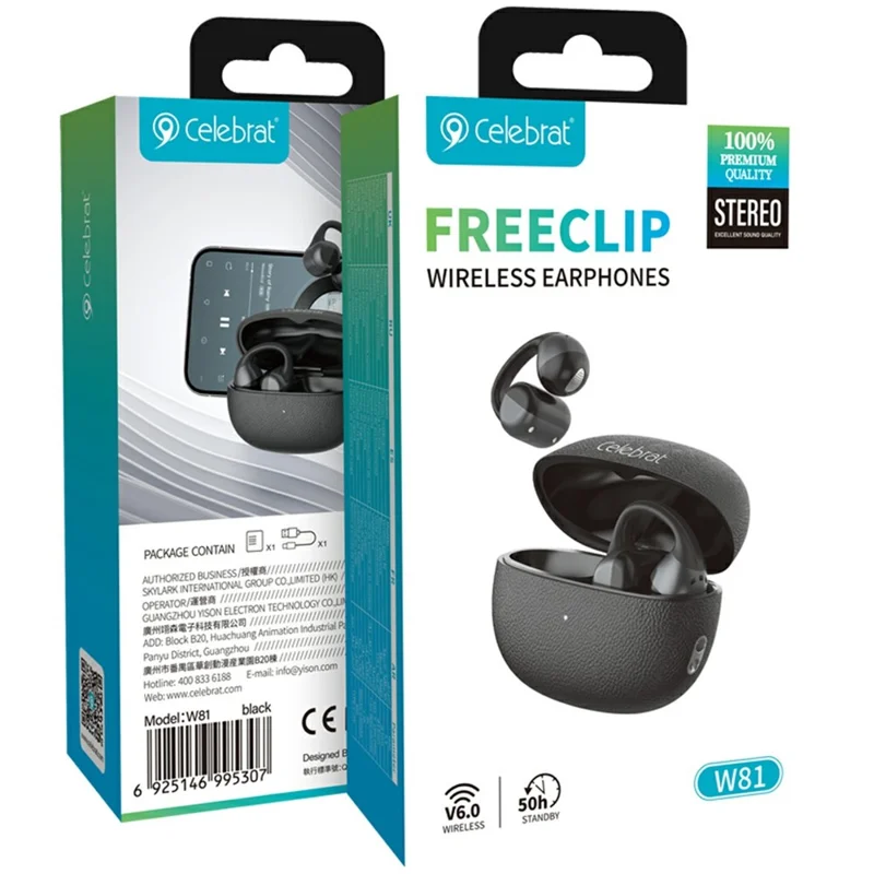 CELEBRAT W81 Bluetooth-compatible 6.0 Earbuds Open Ear Clip-On Wireless Earbuds 11mm Driver - Black