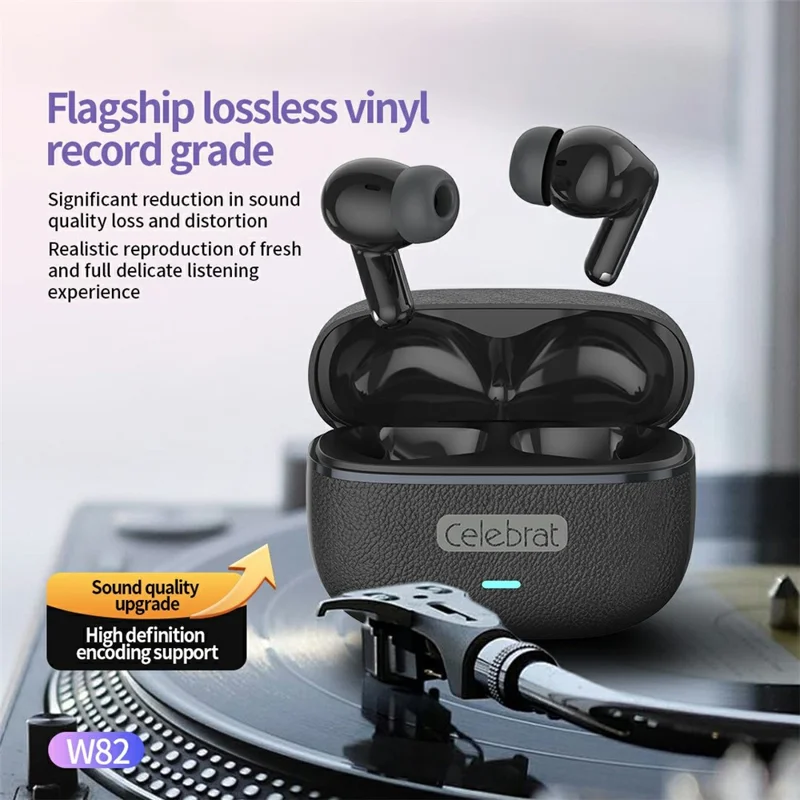 CELEBRAT W82 True Wireless Bluetooth-compatible Earbuds 13mm Driver with HD Call Microphone - Black