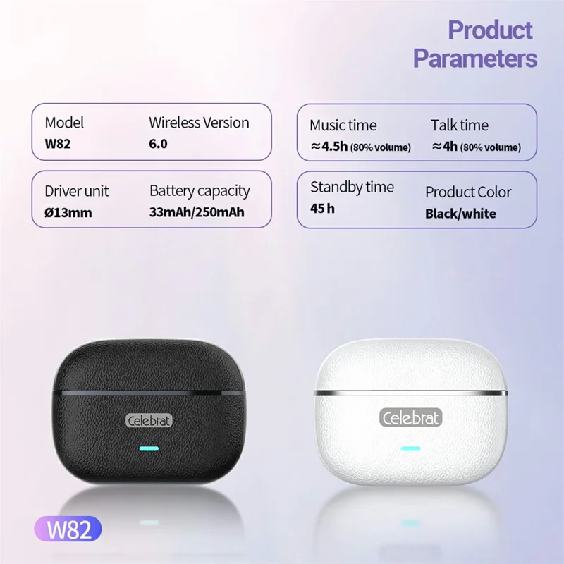 CELEBRAT W82 True Wireless Bluetooth-compatible Earbuds 13mm Driver with HD Call Microphone - Black