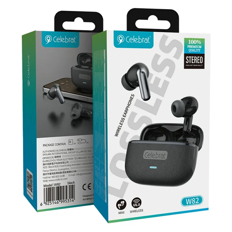 CELEBRAT W82 True Wireless Bluetooth-compatible Earbuds 13mm Driver with HD Call Microphone - Black