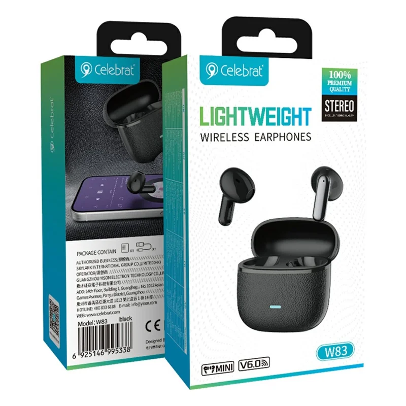 CELEBRAT W83 True Wireless Bluetooth-compatible Earbuds 13mm Driver HD Sound In-Ear Earbuds - Black