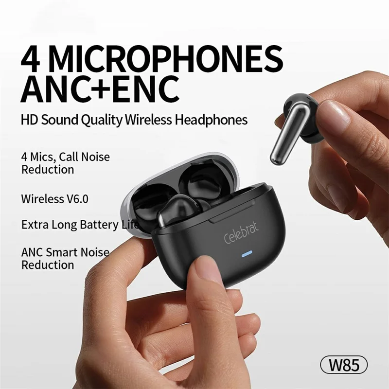 CELEBRAT W85 ANC+ENC Noise Cancellation In-Ear True Wireless Bluetooth-Compatible Earbuds 13mm Driver - Black
