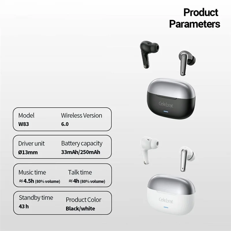 CELEBRAT W85 ANC+ENC Noise Cancellation In-Ear True Wireless Bluetooth-Compatible Earbuds 13mm Driver - Black