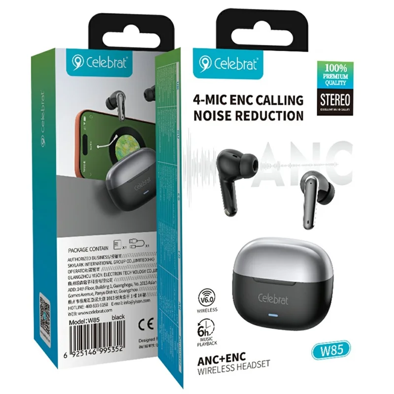 CELEBRAT W85 ANC+ENC Noise Cancellation In-Ear True Wireless Bluetooth-Compatible Earbuds 13mm Driver - Black
