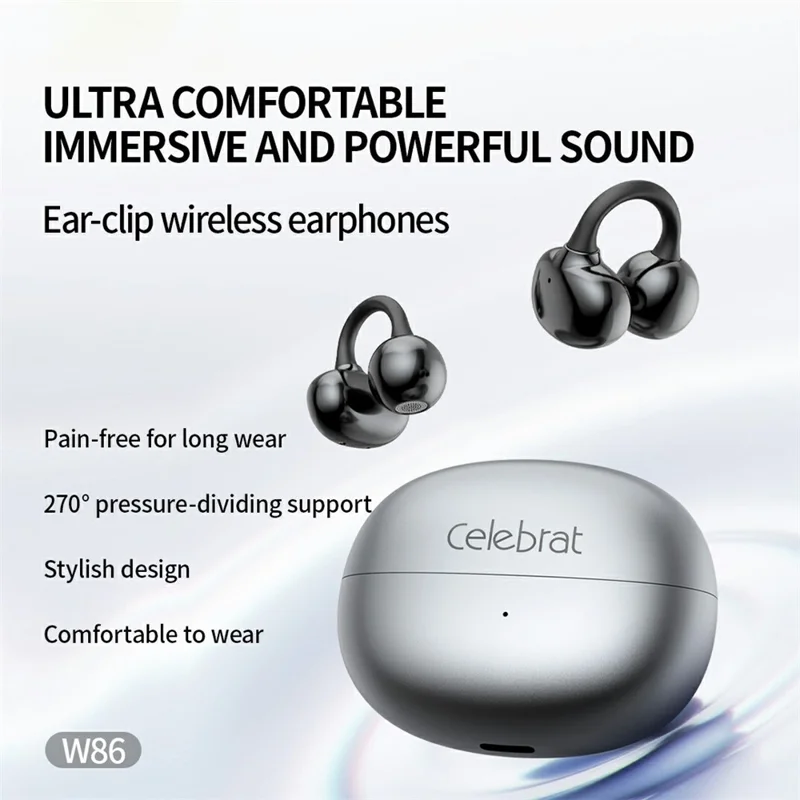 CELEBRAT W86 Ear-Clip Wireless Earbuds 13mm Driver Bluetooth-compatible 5.4 Stereo Earbuds - Grey