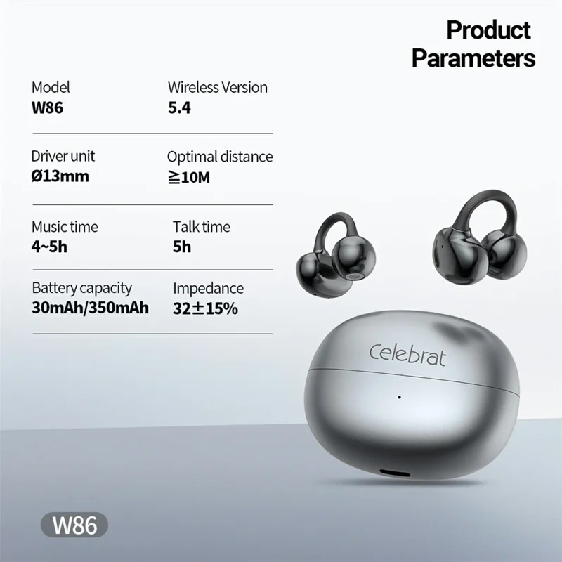 CELEBRAT W86 Ear-Clip Wireless Earbuds 13mm Driver Bluetooth-compatible 5.4 Stereo Earbuds - Grey