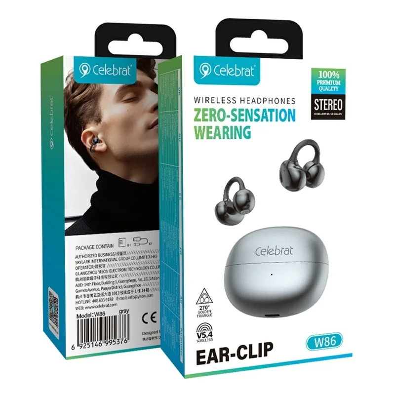 CELEBRAT W86 Ear-Clip Wireless Earbuds 13mm Driver Bluetooth-compatible 5.4 Stereo Earbuds - Grey