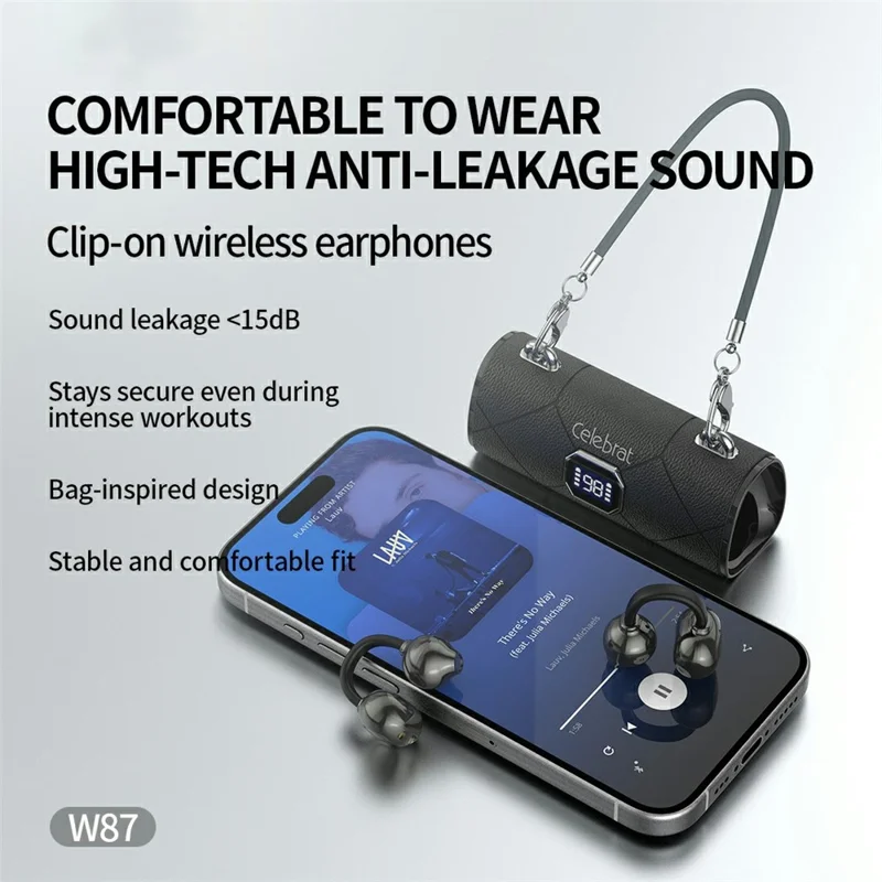 CELEBRAT W87 Clip-On Wireless Earbuds Bluetooth-compatible 5.4 with Bag Shape Charging Case - Black