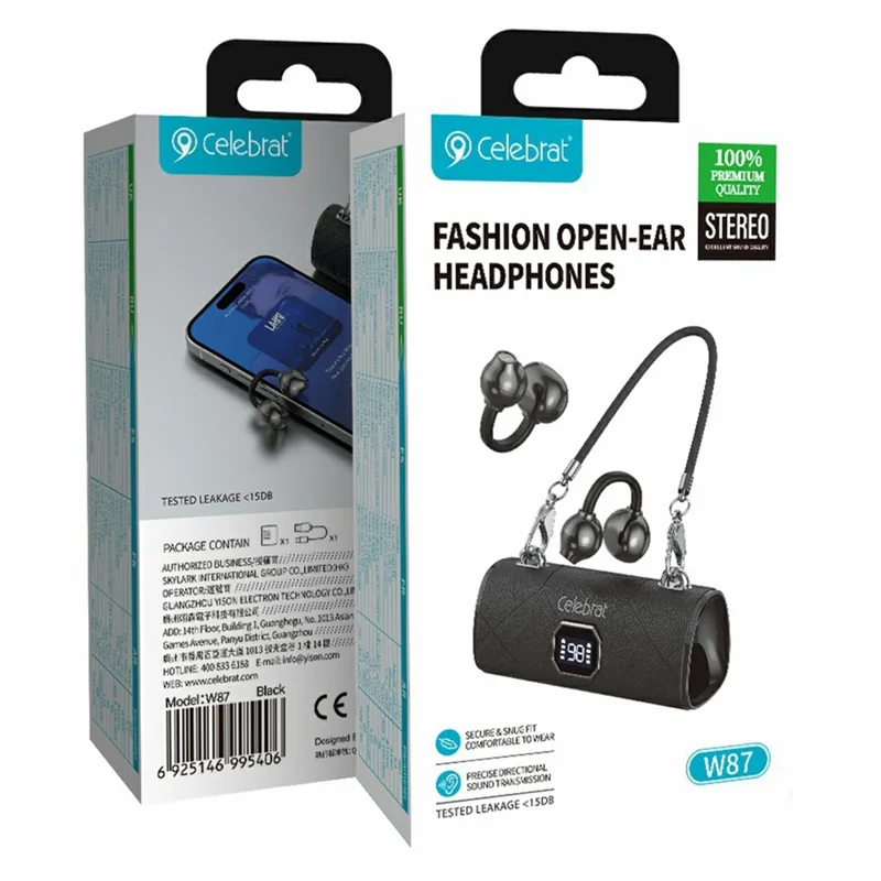 CELEBRAT W87 Clip-On Wireless Earbuds Bluetooth-compatible 5.4 with Bag Shape Charging Case - Black