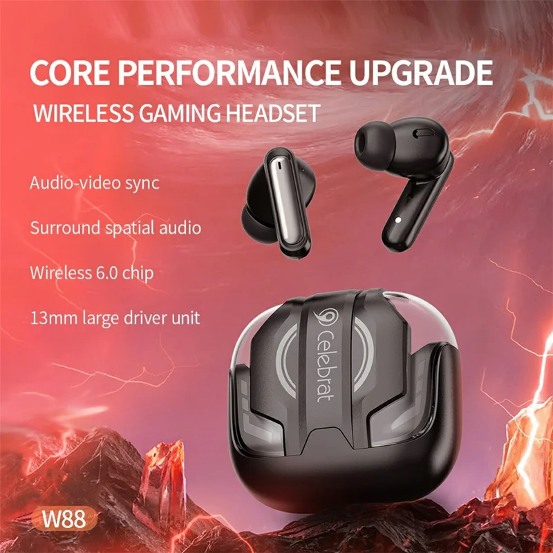 CELEBRAT W88 Wireless Gaming Earbuds Bluetooth-compatible 6.0 Low Latency Game Mode - Black