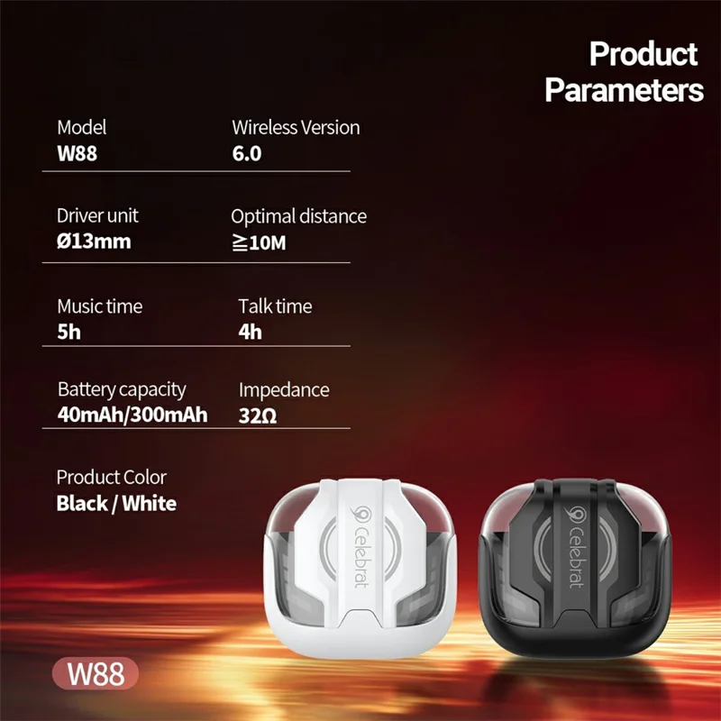 CELEBRAT W88 Wireless Gaming Earbuds Bluetooth-compatible 6.0 Low Latency Game Mode - Black