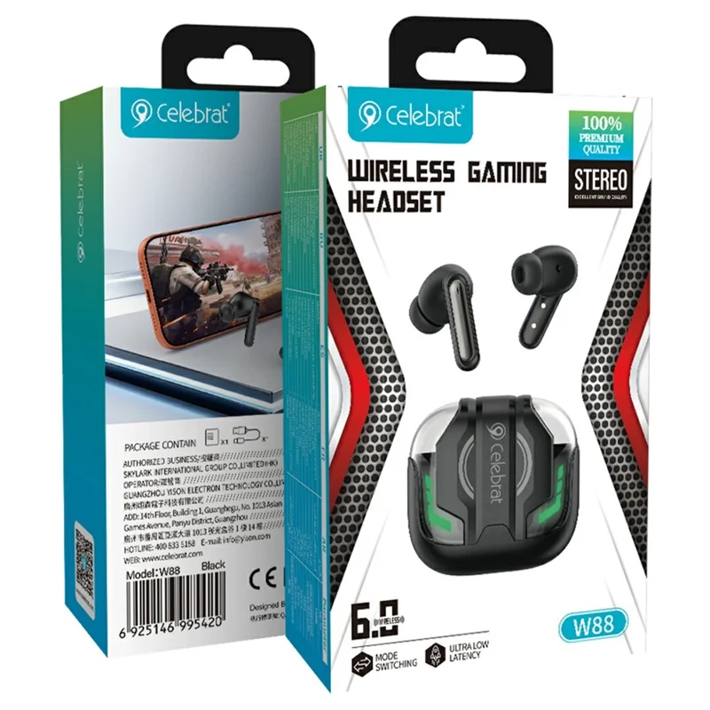 CELEBRAT W88 Wireless Gaming Earbuds Bluetooth-compatible 6.0 Low Latency Game Mode - Black