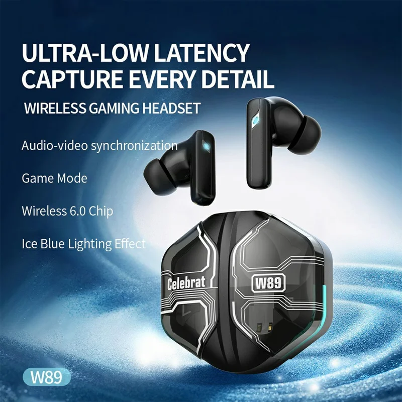 CELEBRAT W89 Wireless Earbuds 13mm Driver Bluetooth-compatible 6.0 Gaming Earbuds - Black