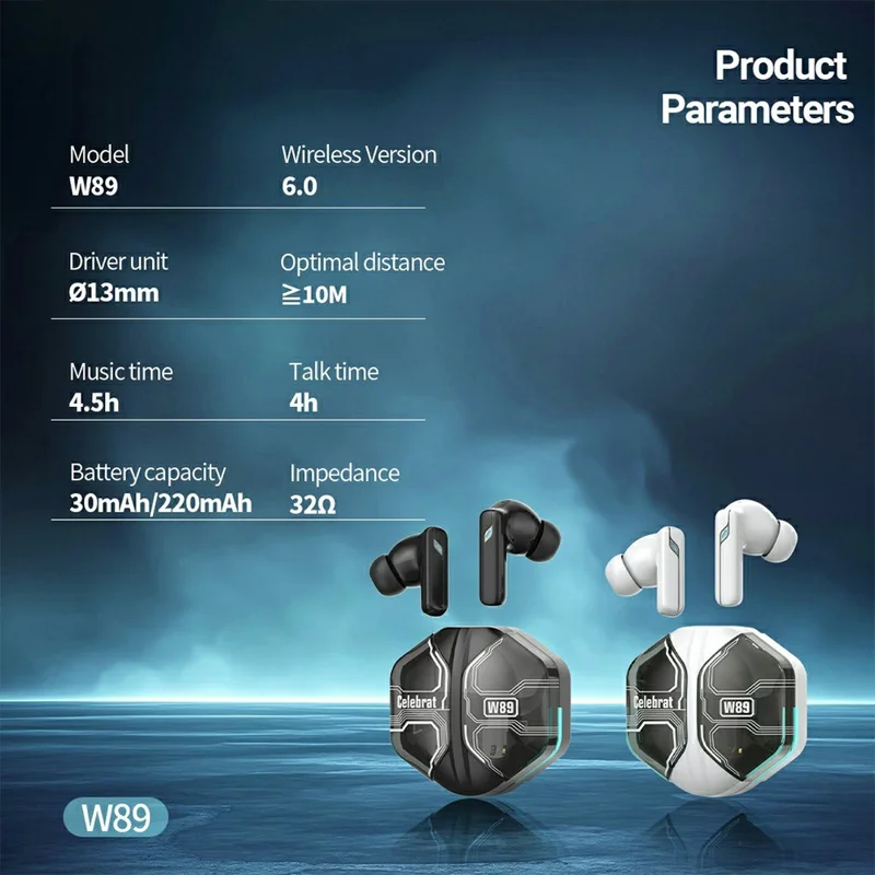 CELEBRAT W89 Wireless Earbuds 13mm Driver Bluetooth-compatible 6.0 Gaming Earbuds - Black