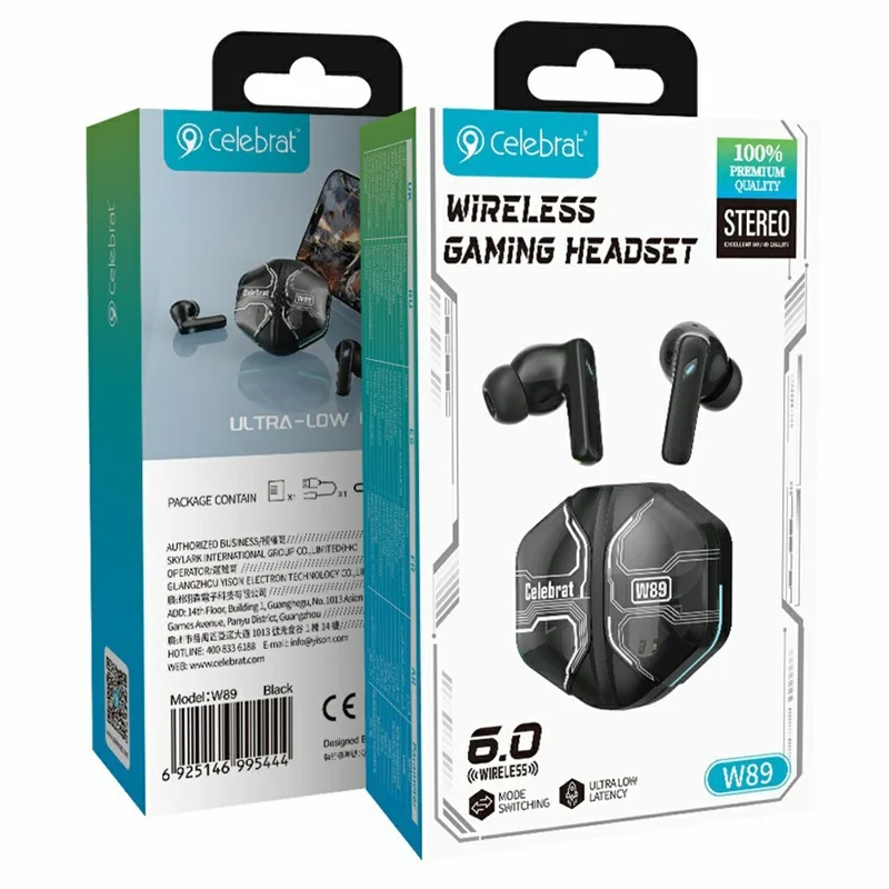 CELEBRAT W89 Wireless Earbuds 13mm Driver Bluetooth-compatible 6.0 Gaming Earbuds - Black