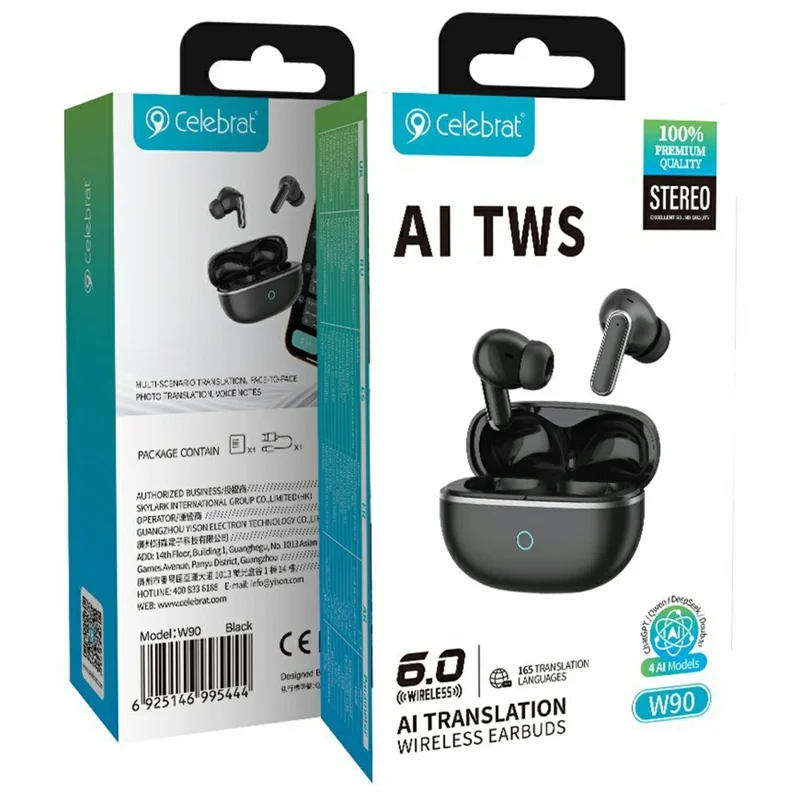 CELEBRAT W90 AI Translation Bluetooth-compatible Earbuds 165 Languages Real-Time Interpreter - Black