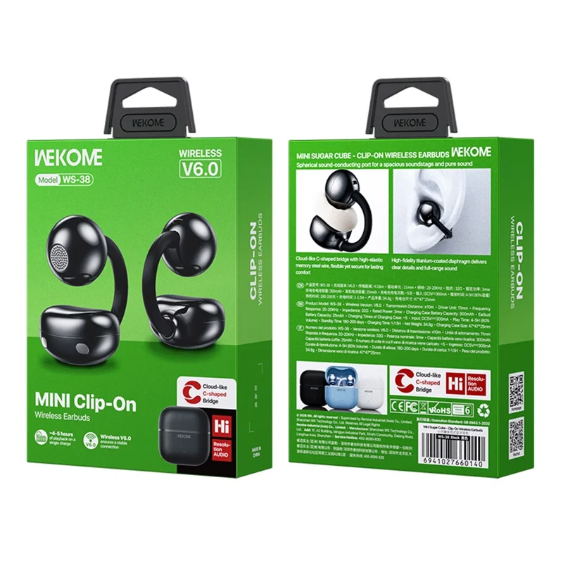 WEKOME WS-38 Clip-On Trådløse Ørestikker Bluetooth 6.0 Ørestikker 30H Afspilletid - Sort