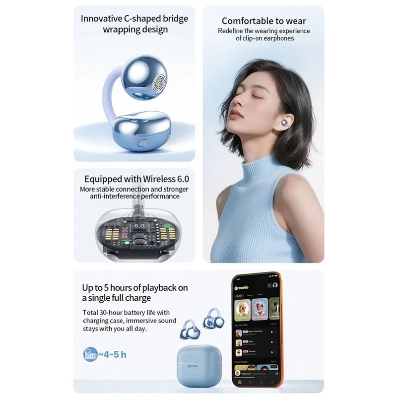 WEKOME WS-38 Clip-On Trådløse Ørestikker Bluetooth 6.0 Ørestikker 30H Afspilletid - Sort