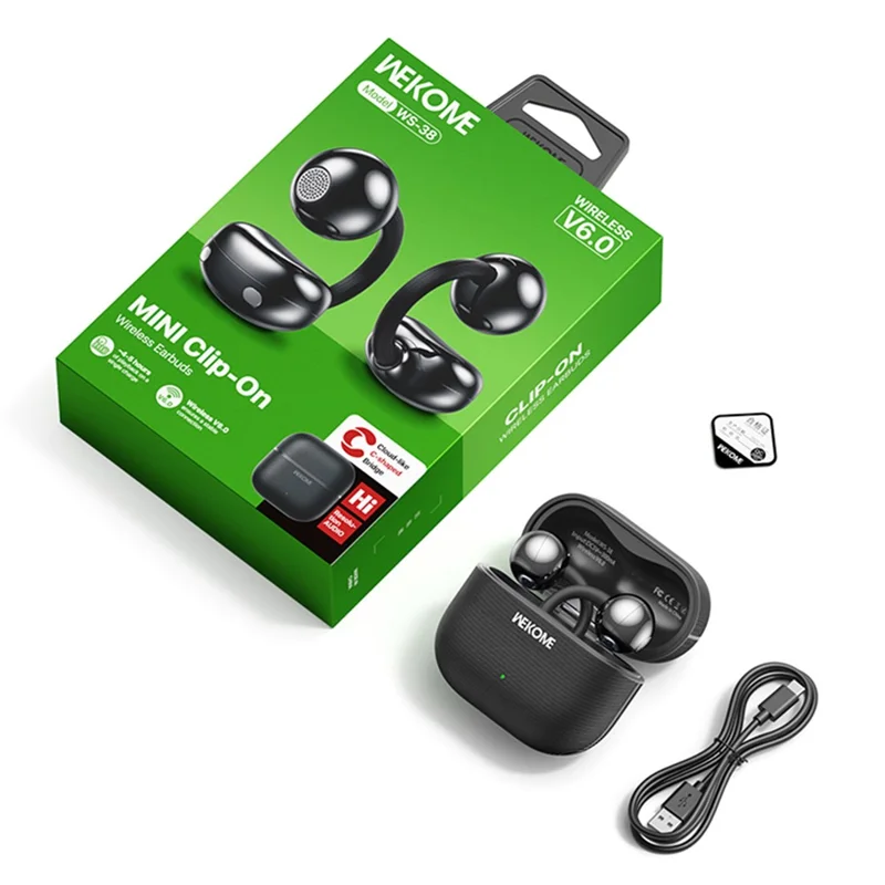 WEKOME WS-38 Clip-On Trådløse Ørestikker Bluetooth 6.0 Ørestikker 30H Afspilletid - Sort