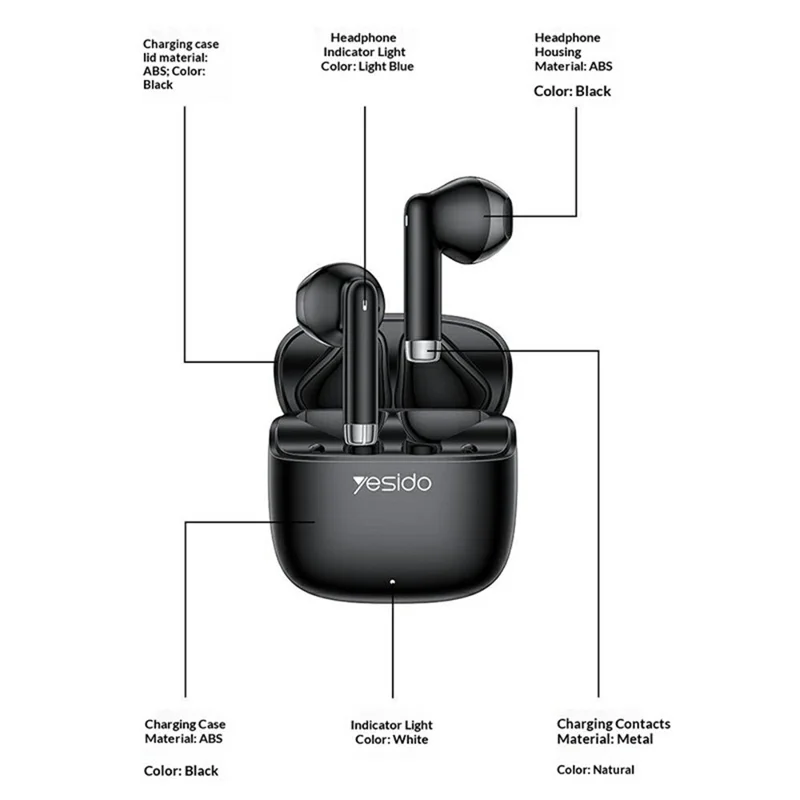 YESIDO TWS48 13mm Driver Bluetooth-compatible 6.0 Wireless Earbuds TWS Semi-in-ear Earbuds - Black