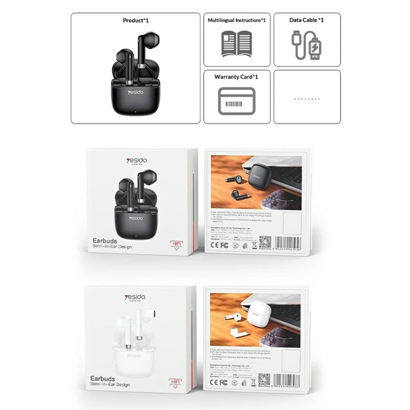 YESIDO TWS48 13mm Driver Bluetooth-compatible 6.0 Wireless Earbuds TWS Semi-in-ear Earbuds - Black