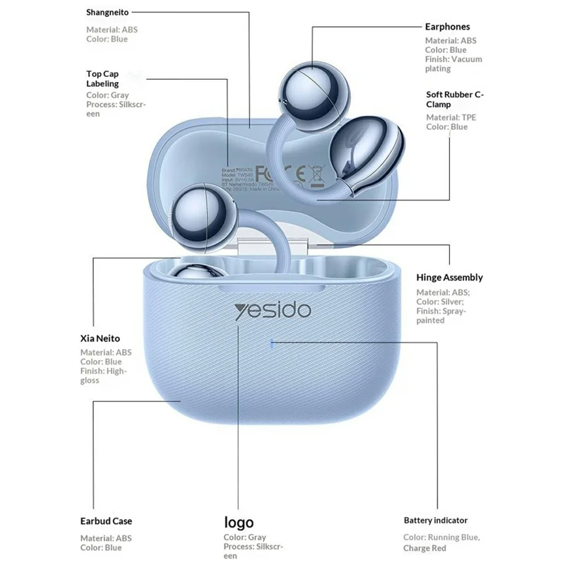 YESIDO TWS49 145 Languages AI Translation Ear Clip Bluetooth-compatible Earbuds Touch Control - Purple