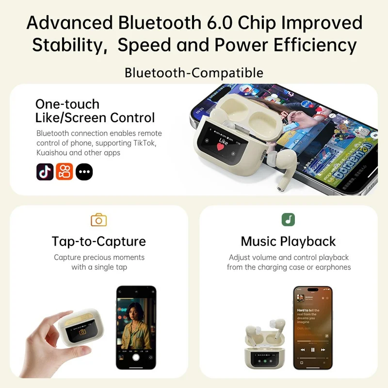 ROCK A5 Pro Bluetooth-compatible 6 ANC Earbuds LCD Touch Screen TWS Earphones - Beige