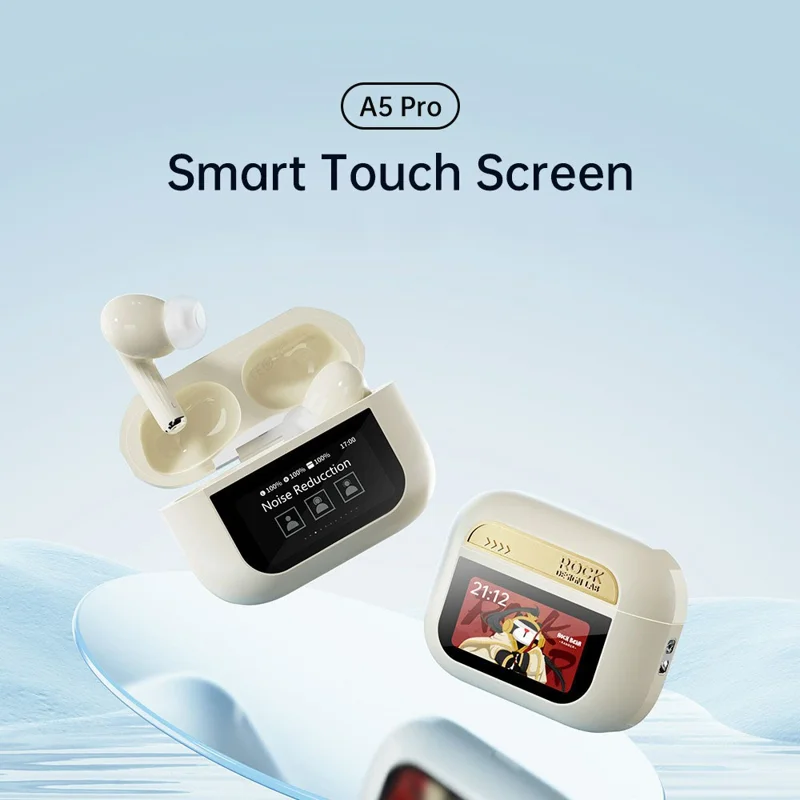ROCK A5 Pro Bluetooth-compatible 6 ANC Earbuds LCD Touch Screen TWS Earphones - Beige